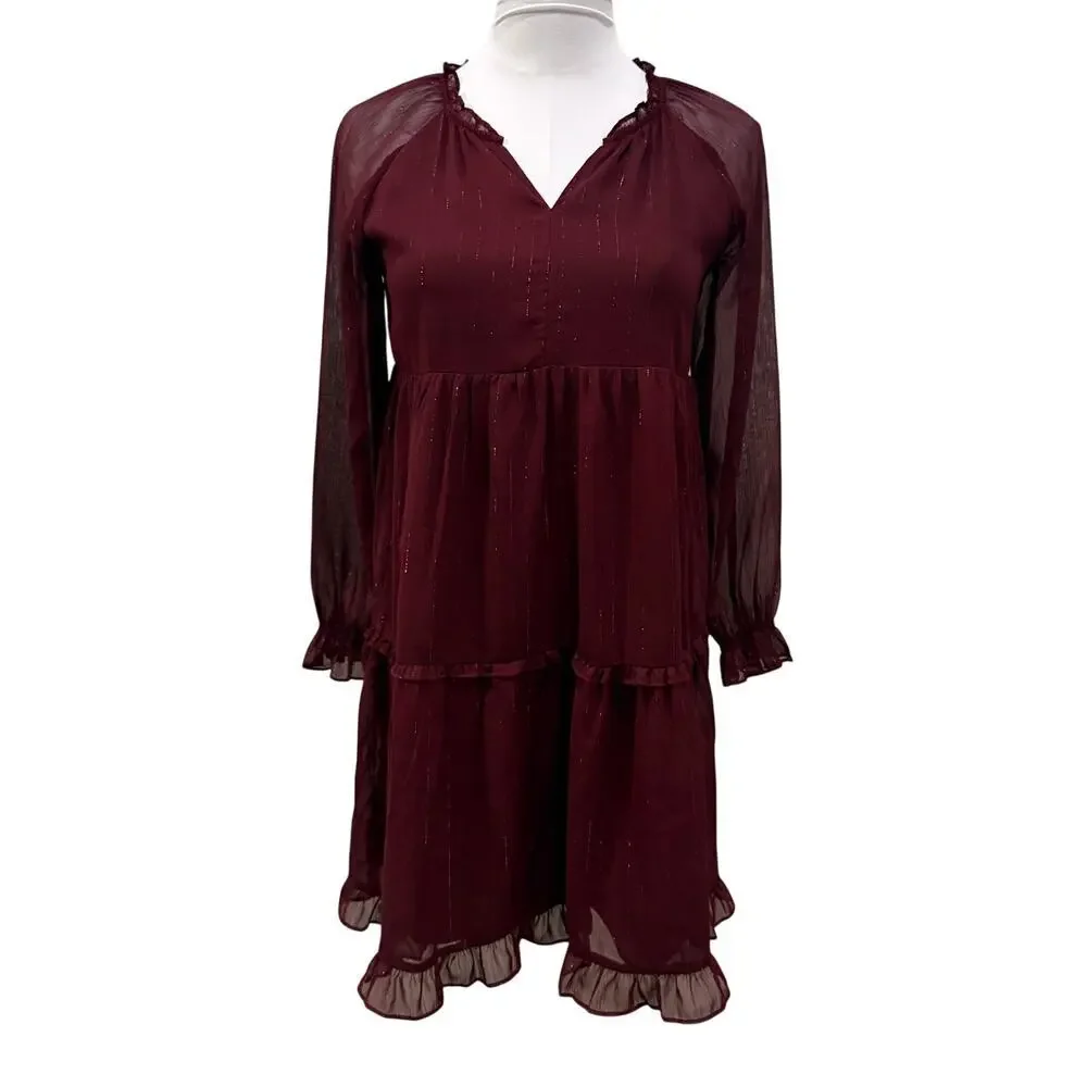 Old Navy Burgundy Long Sleeve Tiered Swing Dress Girls XL Boho Tiered Shimmer